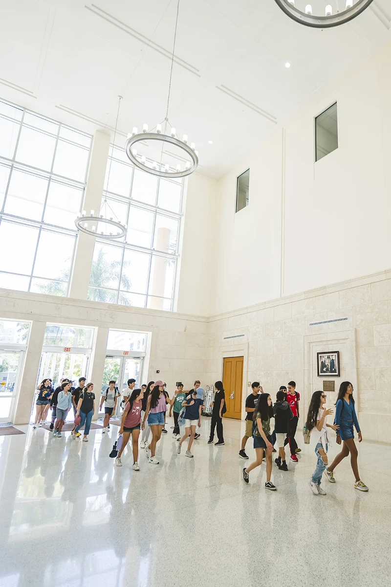 Prospective students touring Rafael Diaz-Balart Hall